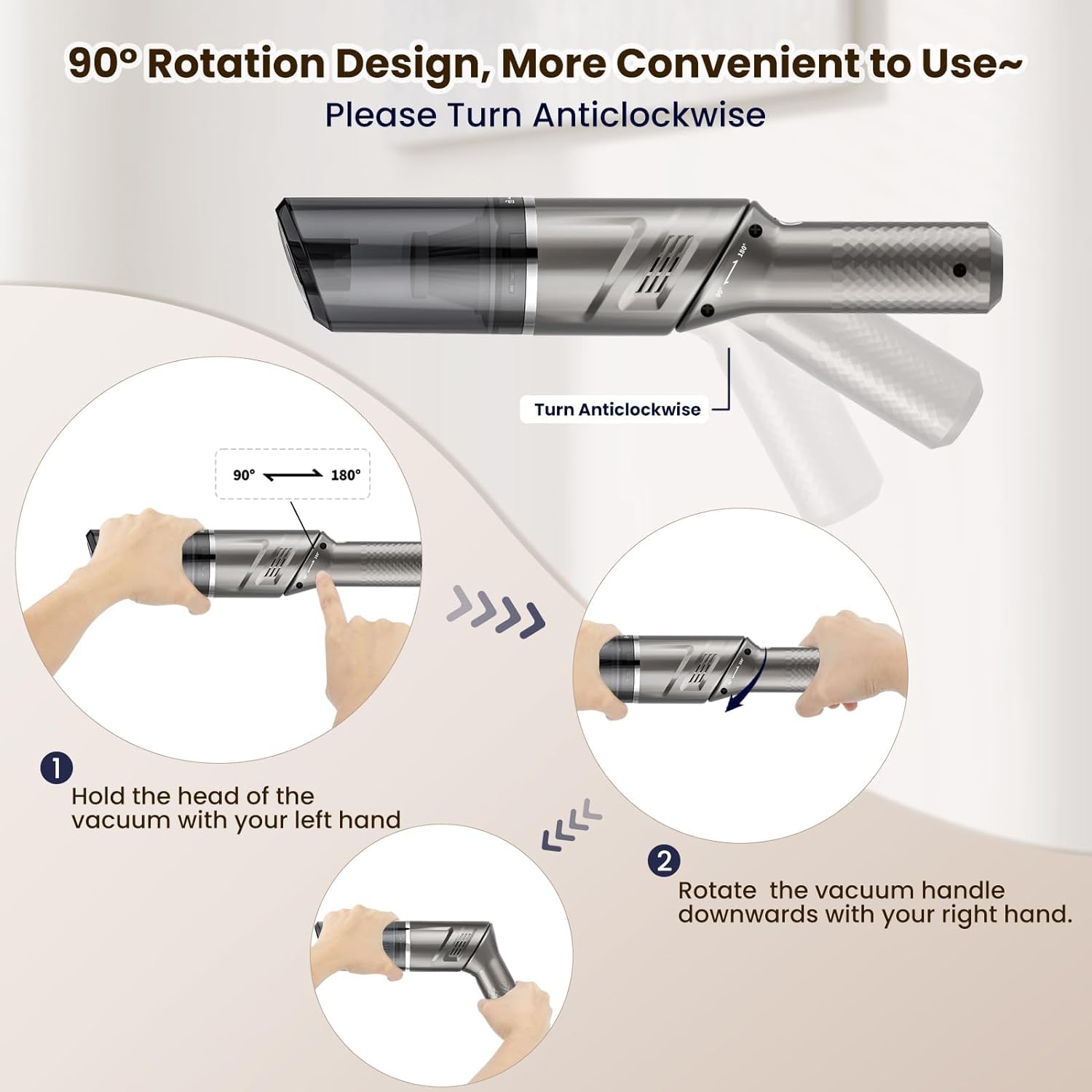 MZGO 90° Rotatable Handle Rechargeable Hand Vacuum Cordless Dry Wireless Portable Handheld Car Vacuum for Home/Car/Office