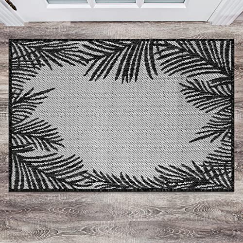 Rugshop Tropical Floral Palm Leaves Textured Flat Weave Easy Cleaning Outdoor Rugs for Deck,Patio,Backyard Indoor/Outdoor Area Rug 2' x 3' Black