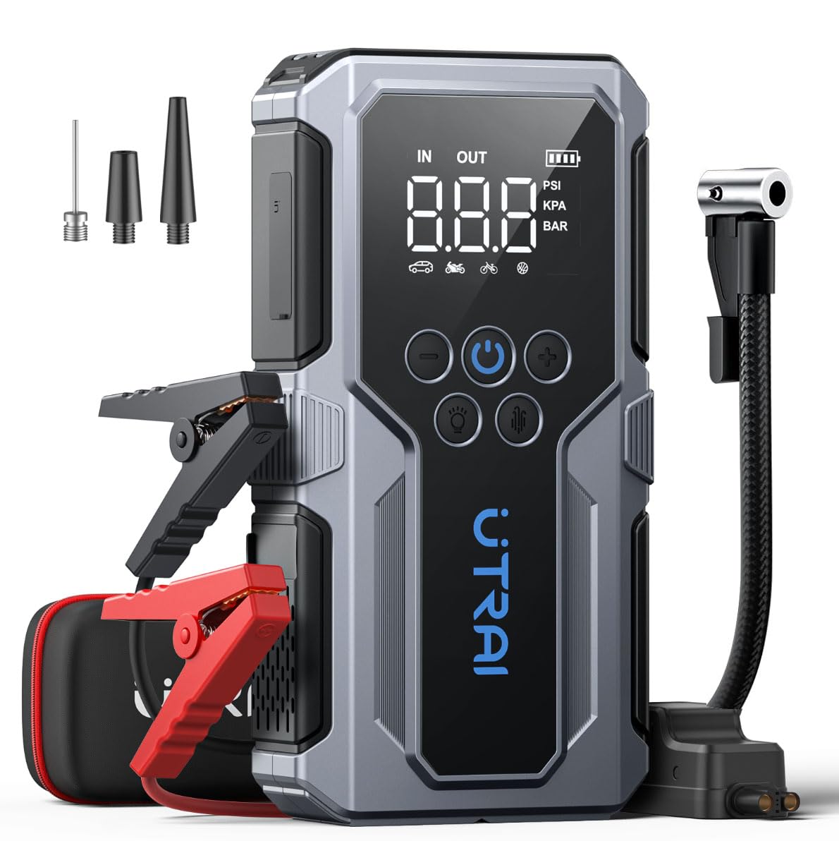 Portable Car Jump Starter with Air Compressor, UTRAI 4000A 150PSI Car Battery Jump Starter 12V Jump Start Battery Pack Jump Box Car Battery Charger with LED Lights, Storage Case (8.5L Gas/6.5L Diesel)