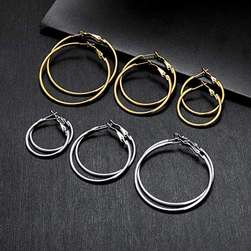 6 Pairs Stainless Steel gold silver Plated Hoop Earrings for Women Girls, Hypoallergenic Hoops Women's Earrings Loop Earrings Set