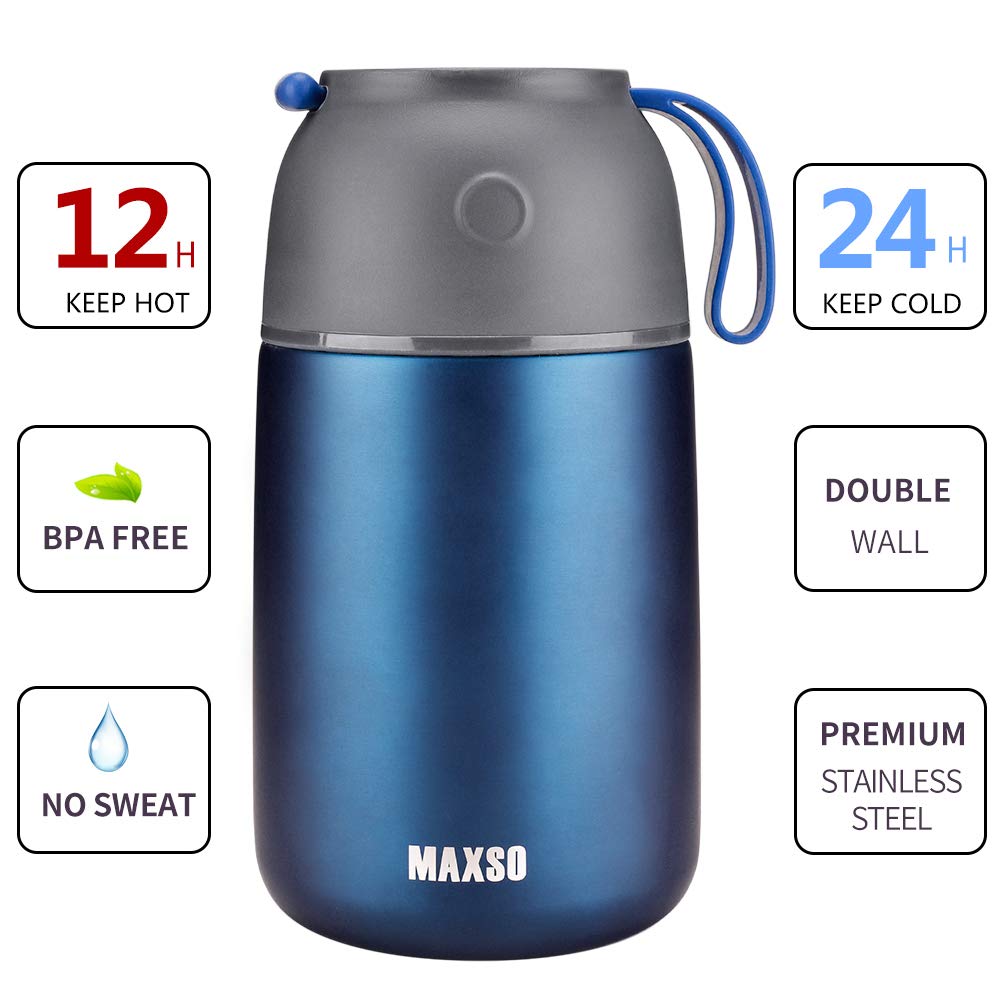 MAXSO 2 Pack Soup Thermo for Hot & Cold Food for Kids Adults, Vacuum Insulated Food Jar Thermal Lunch Containers, Travel Food Flask with Spoon (24 oz,17 oz) (Dark Blue)