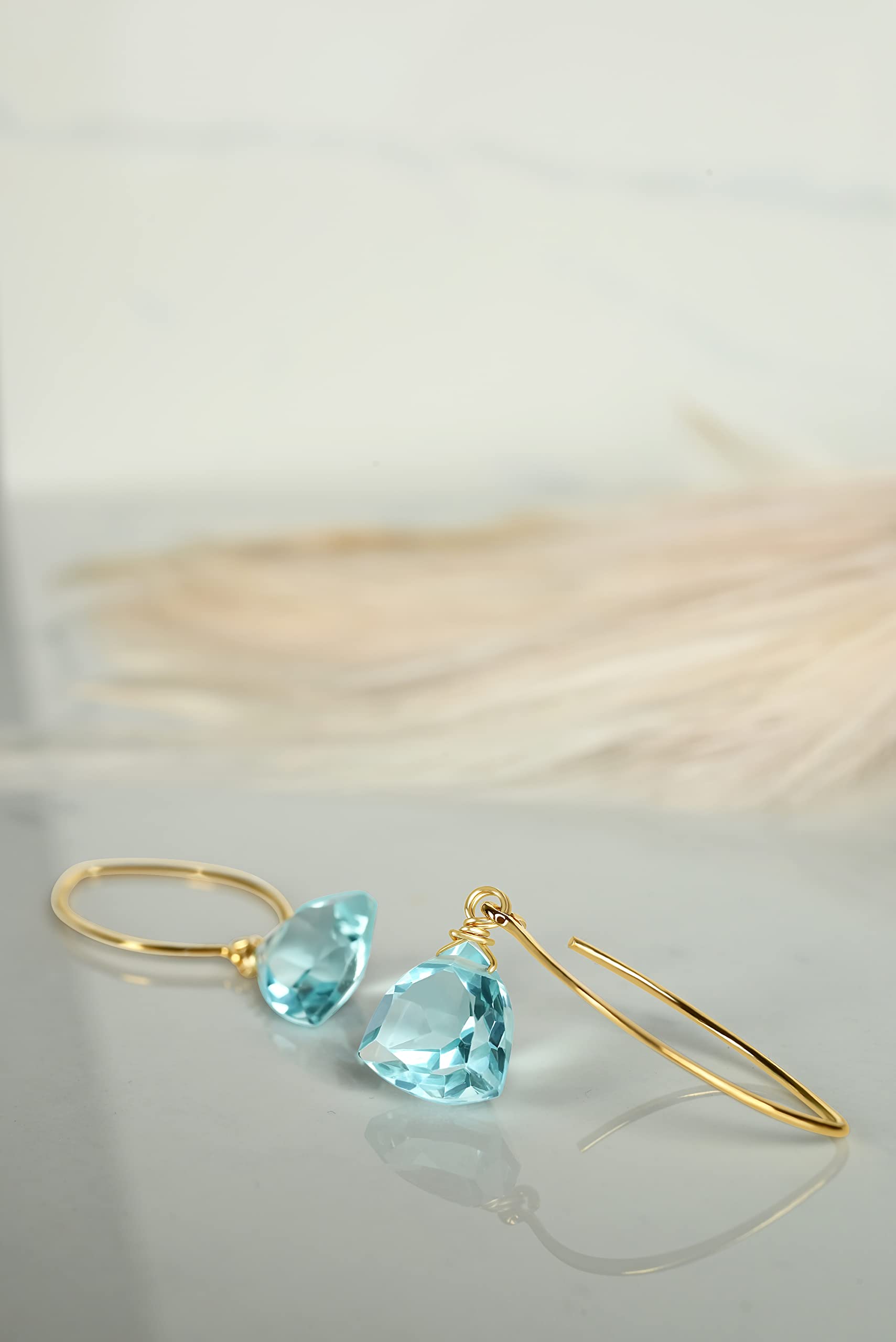 Aquamarine Blue Quartz Trillion 14k Gold Plated Sterling Silver Earrings