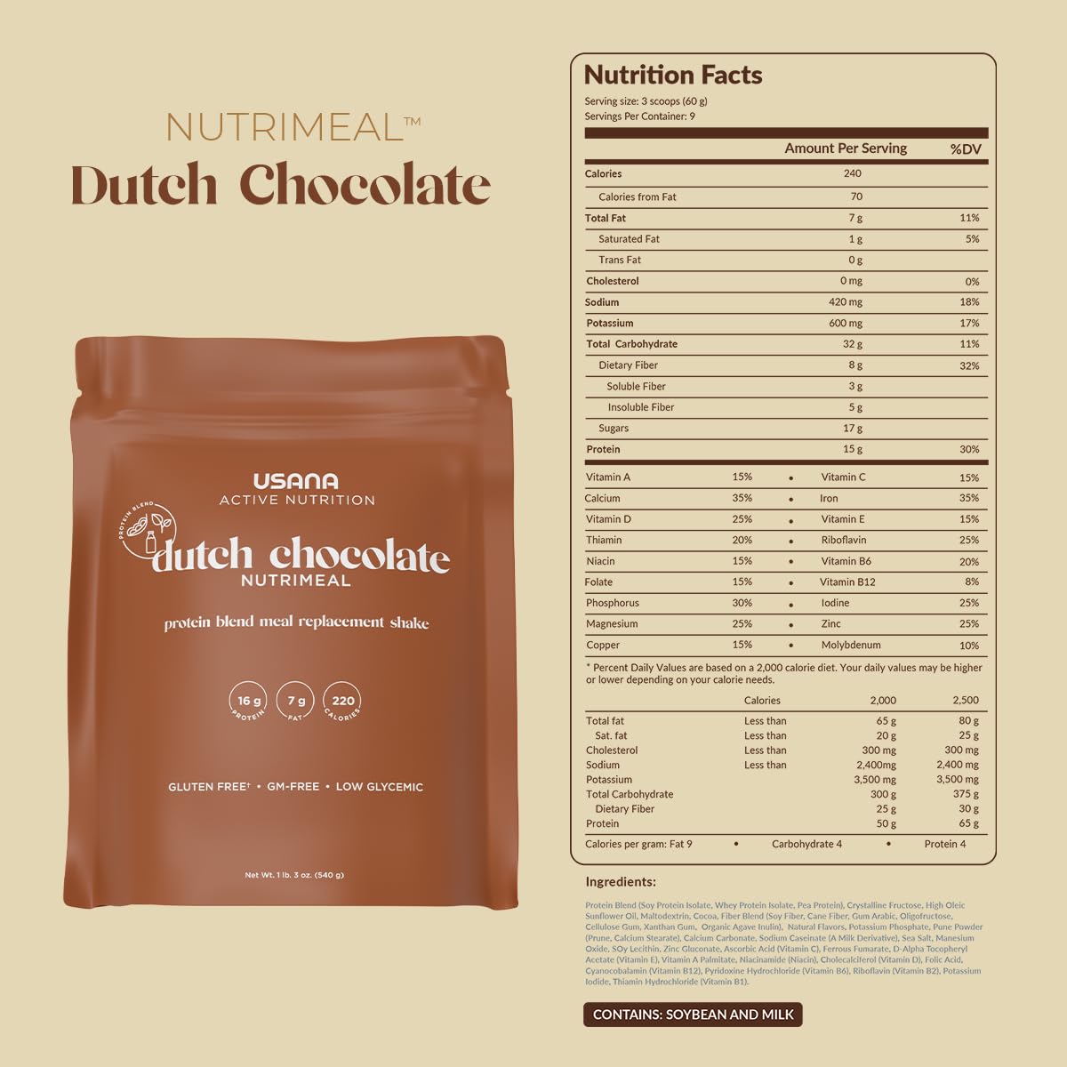 USANA Nutrimeal Meal Replacement Shake - Dutch Chocolate - Non-GMO - Gluten Free - Low Glycemic - 540 Grams - 9 Servings