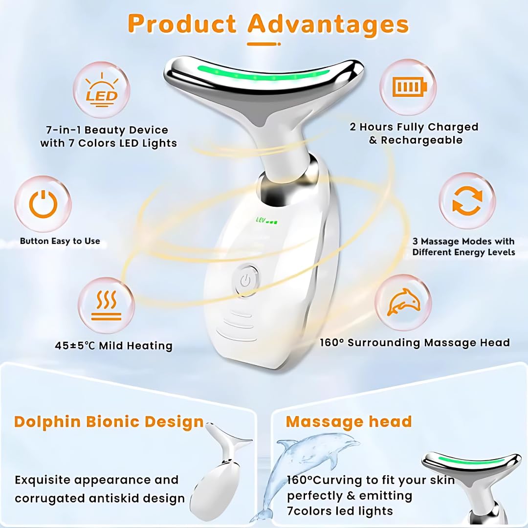 Face and Neck Massager with 7 Colors LED Light Therapy, Multi-Functional, Skincare Tool for Wrinkles & Relaxation,Facial Massager