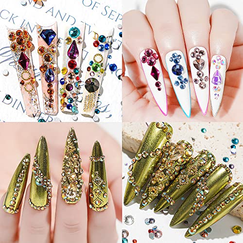 8200 Pcs AB Red Blue Green Champagne Gold Black Yellow Nail Rhinestones Mixed Colored Multi Shaped Sized Nail Beads Glass Gems Stones Rhinestones for Nail DIY Crafts Jewelry