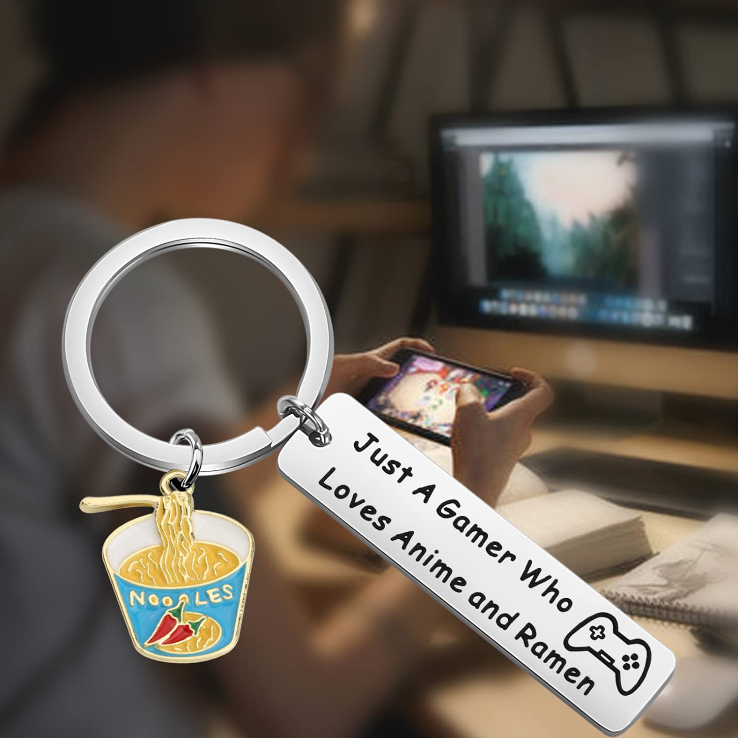 MYOSPARK Gamer Gift Anime Lovers Gift Just A Gamer Who Loves Anime And Ramen Keychain Game Lovers Gift Game Enthusiast Gift (Just A Gamer KC)