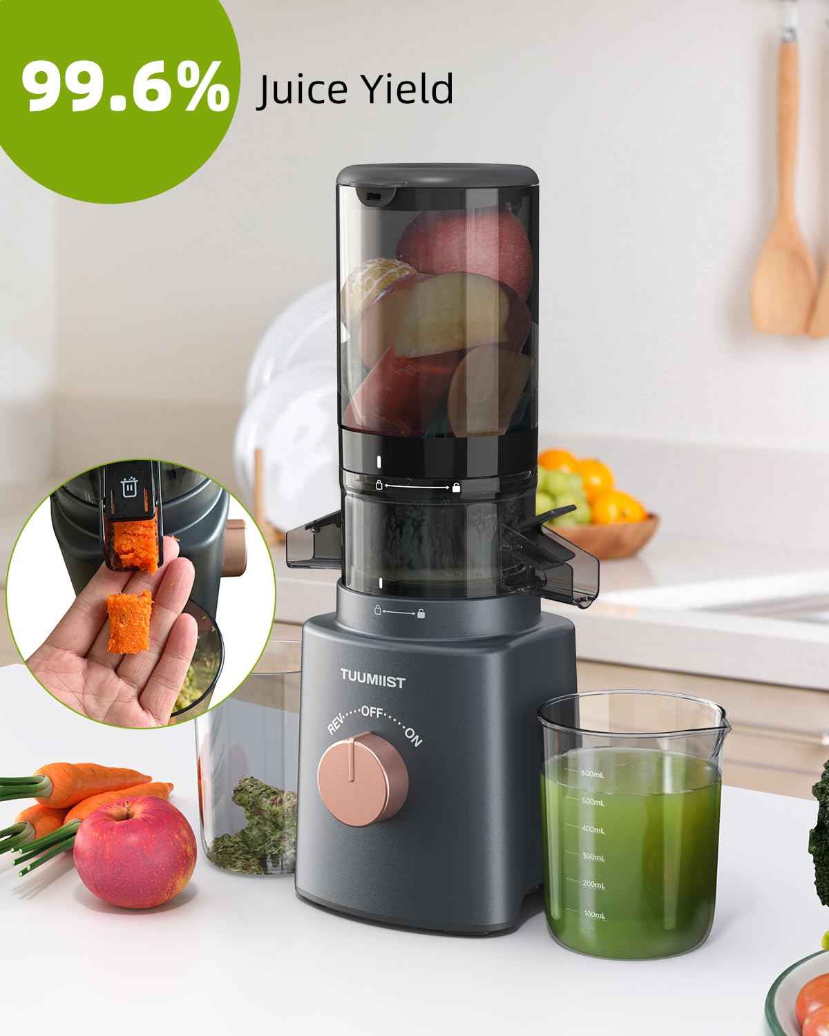 Cold Press Juicer with 8 Juice Bottles - Masticating Juicer Machines for Fruits and Veggies, 4.25" Large Feed Chute, Easy to Clean