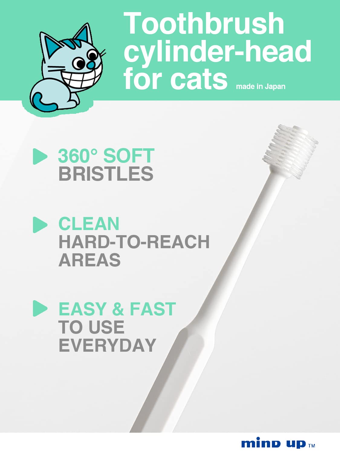 MIND UP Cat Toothbrush Cylinder Head | 360-Degree Toothbrush for Lovely cat | Length 6 in Bristle Diameter 0.49 in