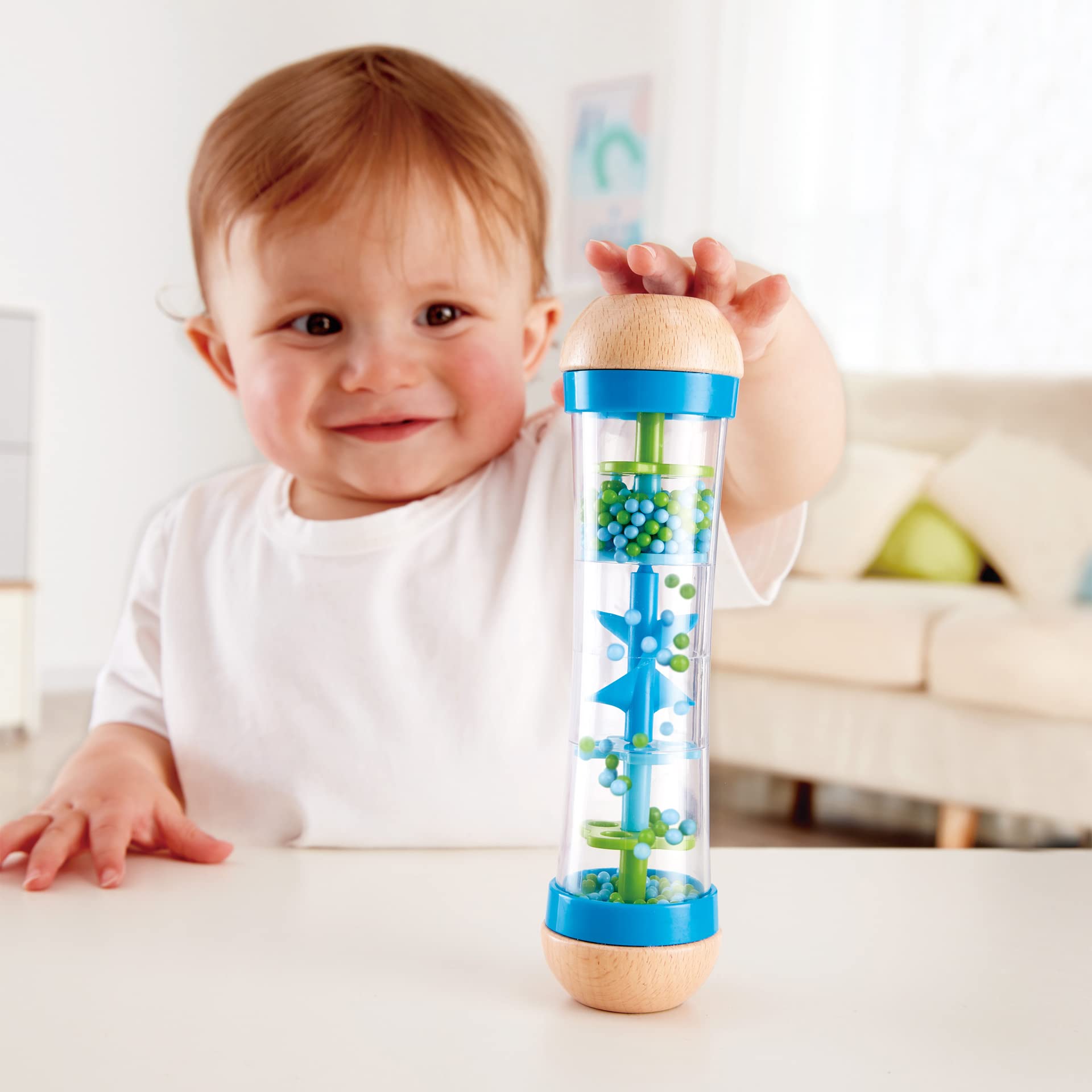 Hape Beaded Raindrops | Mini Wooden Musical Shake & Rattle Rainmaker Toy, Blue, Model Number: E0328B