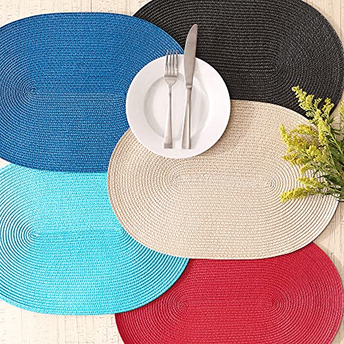 DII Classic Woven Tabletop Collection, Indoor/Outdoor Placemat Set, Oval, 12x18, Aqua, 6 Piece