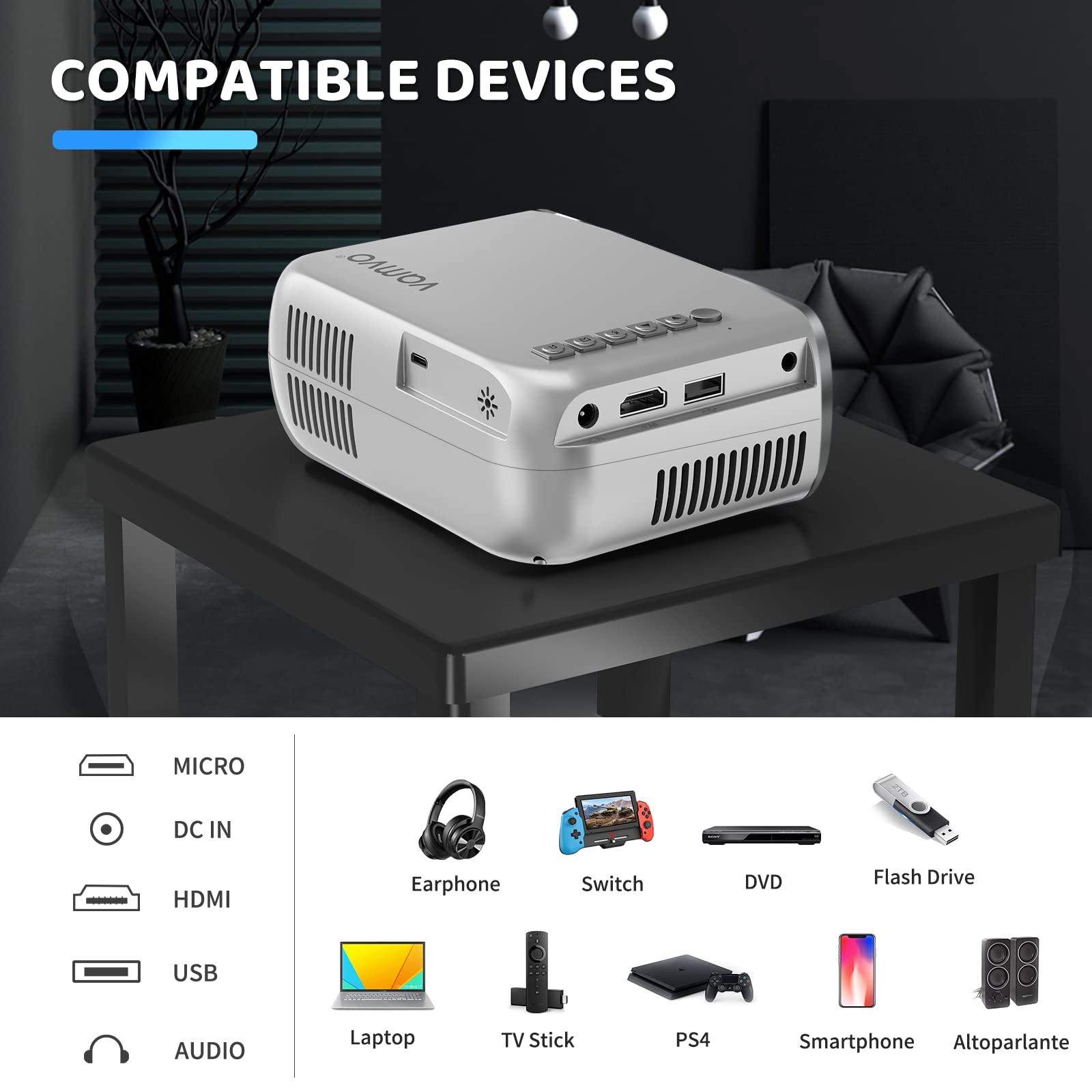 Projector, Vamvo Mini Projector, Home Theater Video Projector,Portable Movie Projector Compatible with TV stick/PS4/HDMI/USB/VGA/AV/Smartphone/TV Box/Laptop/ iOS/Android (Basic)