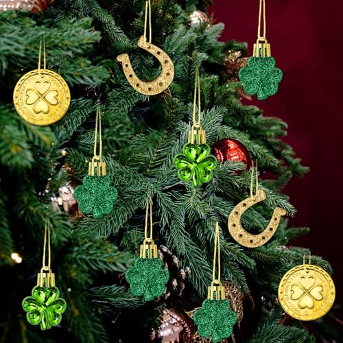 St. Patricks Day Decorations Shamrock Ornaments - 48pcs Shamrock Clover Gold Coins Horseshoe Tree Ornaments for Spring Lucky Irish Day St Patrick's Day Home Table Tree Party Hanging Decorations