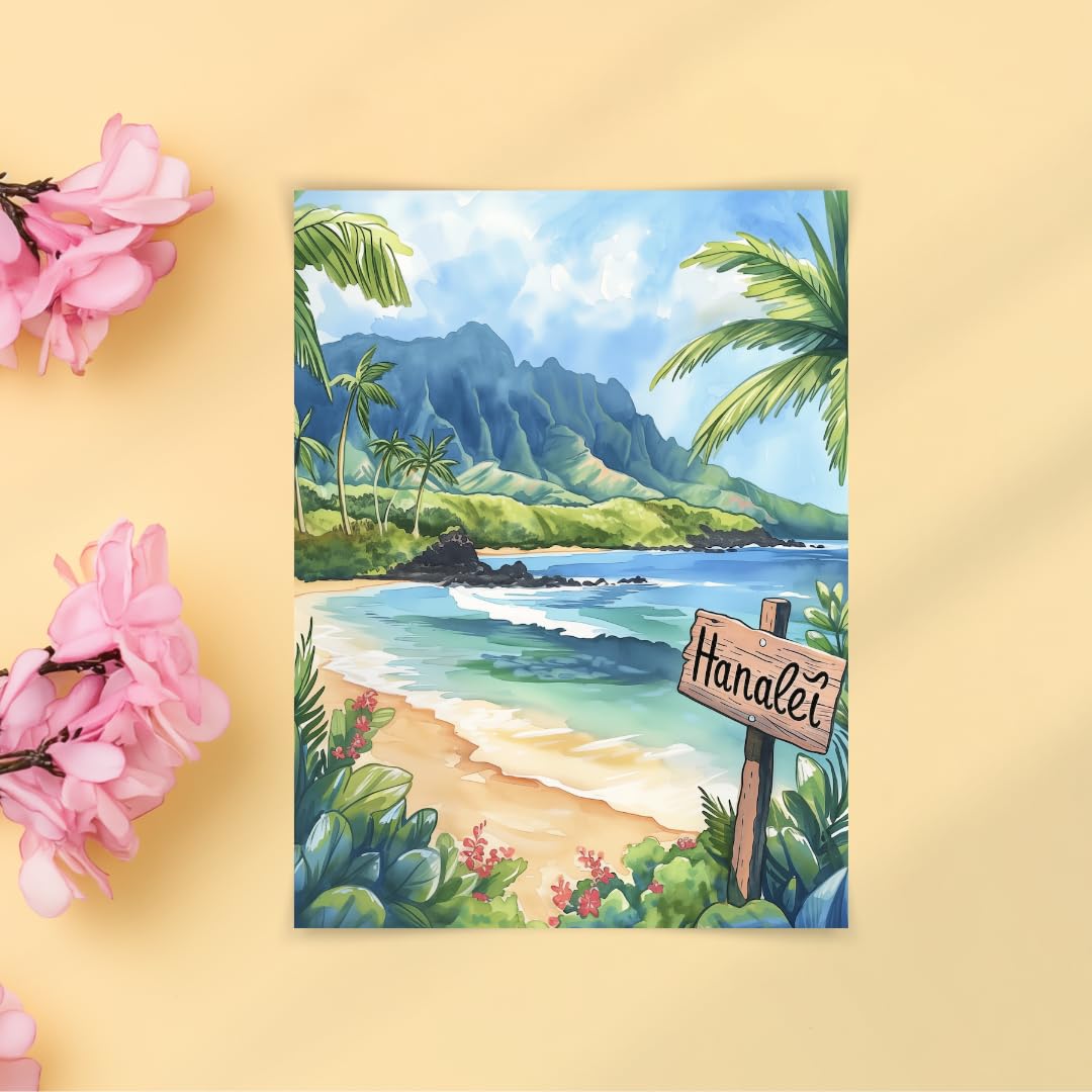 5x7 Hanalei Bay Watercolor Print, Hawaiian Tropical Beach Art, Kauai Decor, UNFRAMED