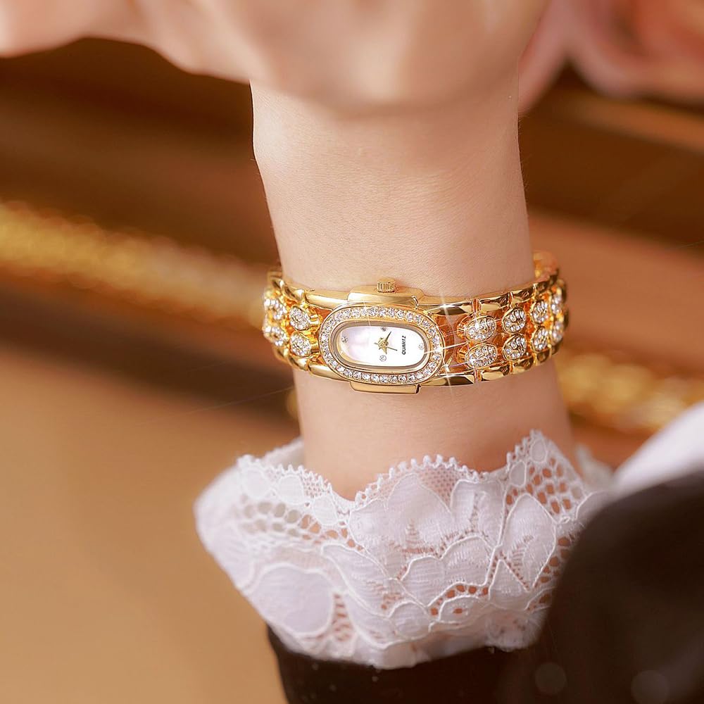 BESTKANG Dainty Watches for Women Vintage Rhinestone Bracelet Wrist Watch Luxury Small Ladies Oval Quartz Watch (Gold White)