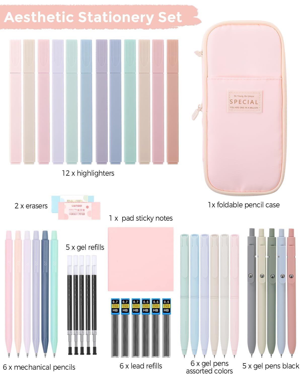 SKYDUE 44 PCS Aesthetic School Supplies with Cute Pencil Case, 12 Pastel Highlighters, 5 Black Gel Pens, 6 Color Gel Pens & Mechanical Pencils for College Essentials Stationary Set Pink