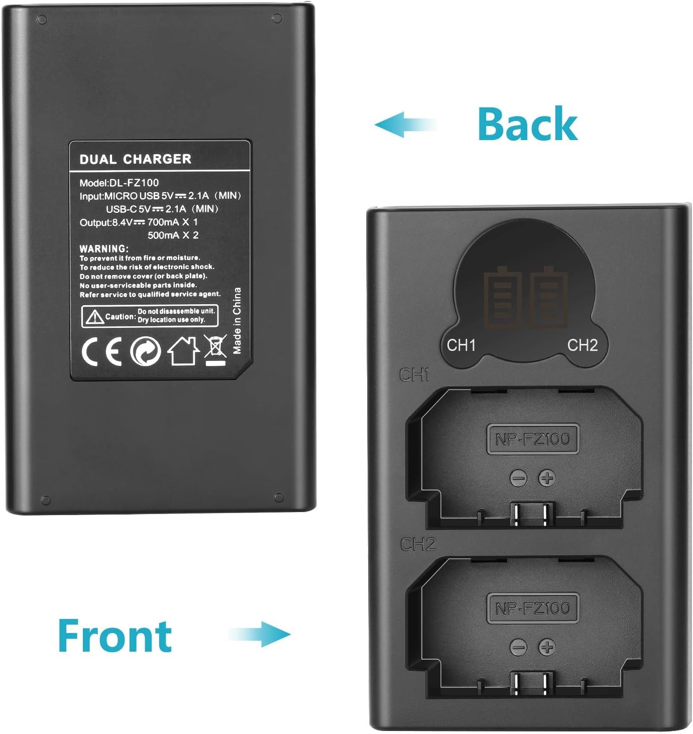 NEEWER NP-FZ100 2280mAh Replacement Battery and Charger with LCD Screen, 2 Packs, Compatible with Sony A1, A9 II, A7R III, A7R IV, A7R V, A7S III, A7 III, A7 IV, A6600, A7C Cameras