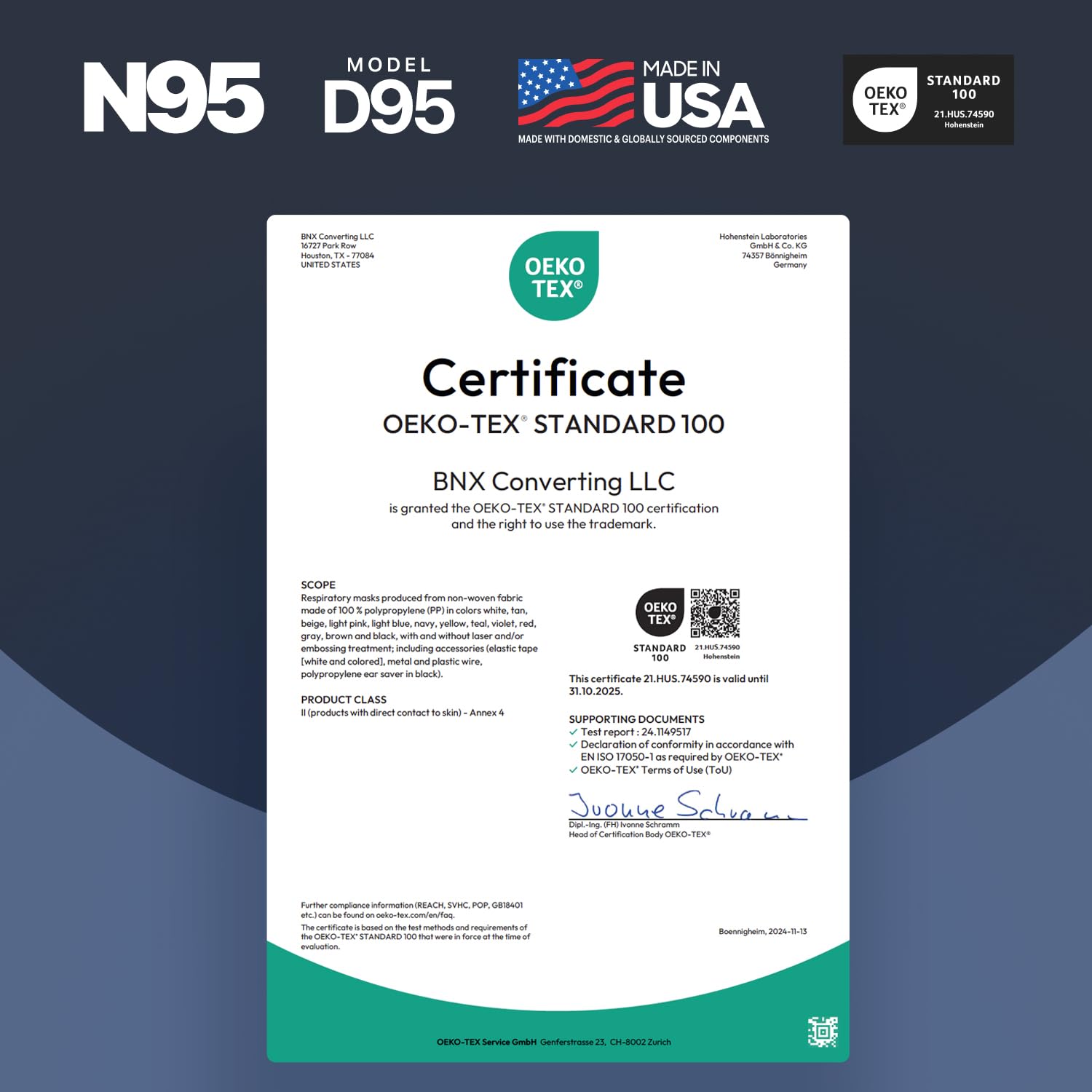 BNX N95 Mask NIOSH Certified MADE IN USA Duckbill Style Particulate Respirator Protective Mask (20-Pack, Approval Number TC-84A-9524 / Model D95B) Black