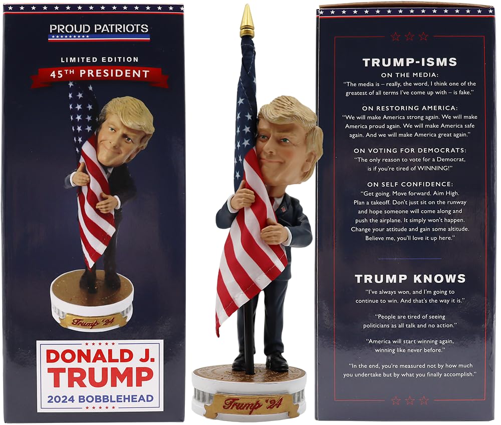 Proud Patriots Donald Trump Bobblehead | (Trump Holding American Flag - Cloth Flag Included)
