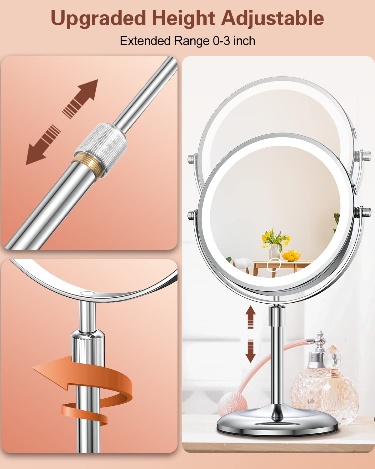 Benbilry Lighted Makeup Mirror with 10X Magnification & 3 Color Lights, Adjustable Brightness & Height, 7 Inch 360° Swivel Rechargeable LED Magnifying Mirror Make Up Mirror with Lighting (Silver)