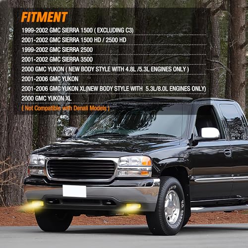 Nilight Fog Light Assembly Compatible with 1999 2000 2001 2002 GMC Sierra 1500 2500 2001 2002 Sierra 1500HD 2500HD 3500 2000-2006 Yukon Fog Lamp Amber Lens