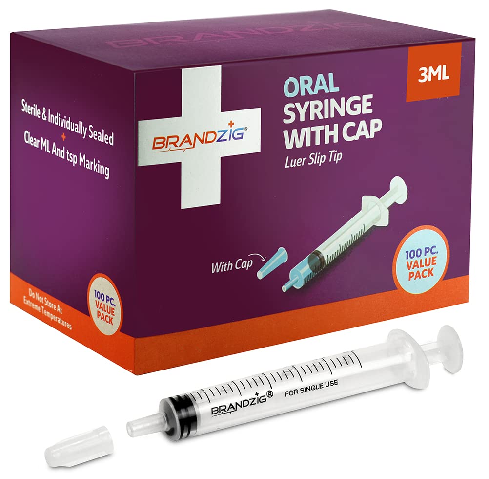 3ml Syringe With Cap (100 Pack) | Oral Dispenser Without Needle, Luer Slip Tip | Individually Wrapped Medicine Dropper For Infants & Pets