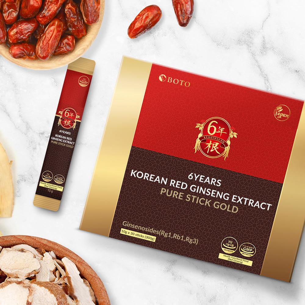 BOTO 6 Years Korean Red Ginseng Gold Extract Natural Energy Supplements Nitric Oxide Brain Natural Immune Support Liquid Portable Sticks 30 Sachet for 1 Month