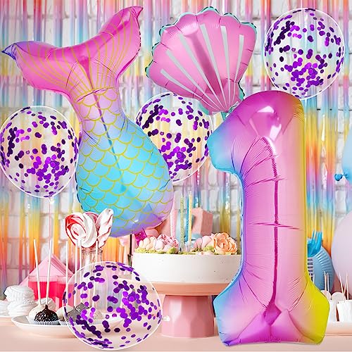 7pcs Mermaid 1st Birthday Decoration, Mermaid 1st Balloons Mermaid Theme Party Supplies Mermaid Tail Balloons Seashell Balloons 1st Birthday Balloons Mermaid Tail Sea Shell Foil Balloons for Girls