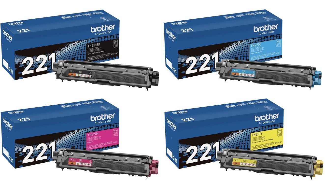 Brother TN-221BK TN-221C TN-221M TN-221Y DCP-9015 9020 HL-3140 3150 3170 3180 MFC-9130 9140 9330 9340 Toner Cartridge Set (Black Cyan Magenta Yellow, 4-Pack) in Retail Packaging