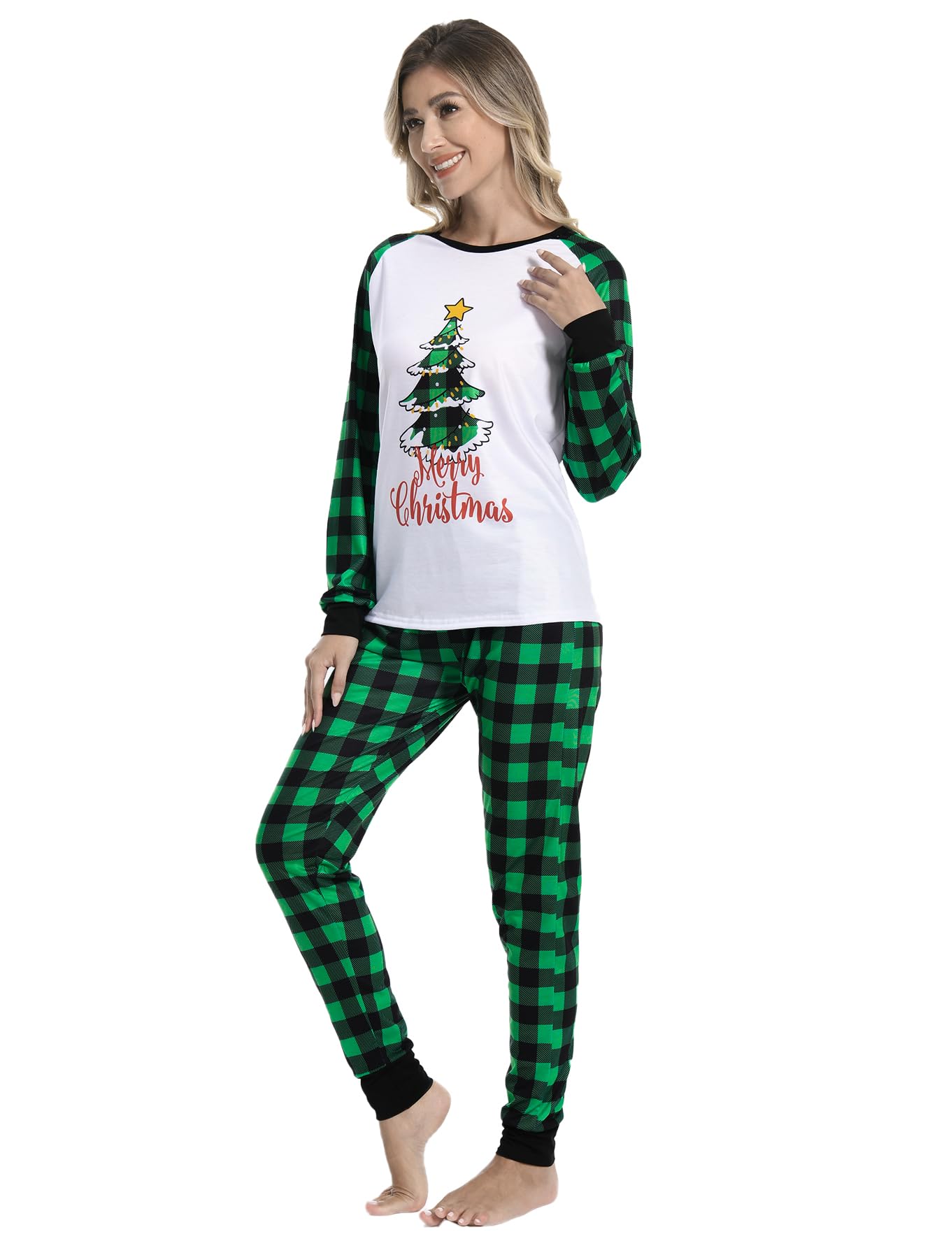 MyFav Matching Family Christmas Pajamas Xmas Tree Jammies for Adults and Kids Holiday Sleepwear,Green,Women-XS