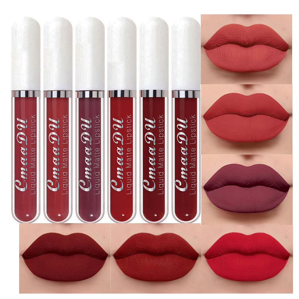 evpct CmaaDu 6Pcs Lipstick Matte Liquid Lipstick Lipgloss Set for Women, Dark Deep Bright Ruby Sexy Brick Red Mauve labiales mate 24 horas originales matte larga duracion 24 Hour Lipstick Long Lasting