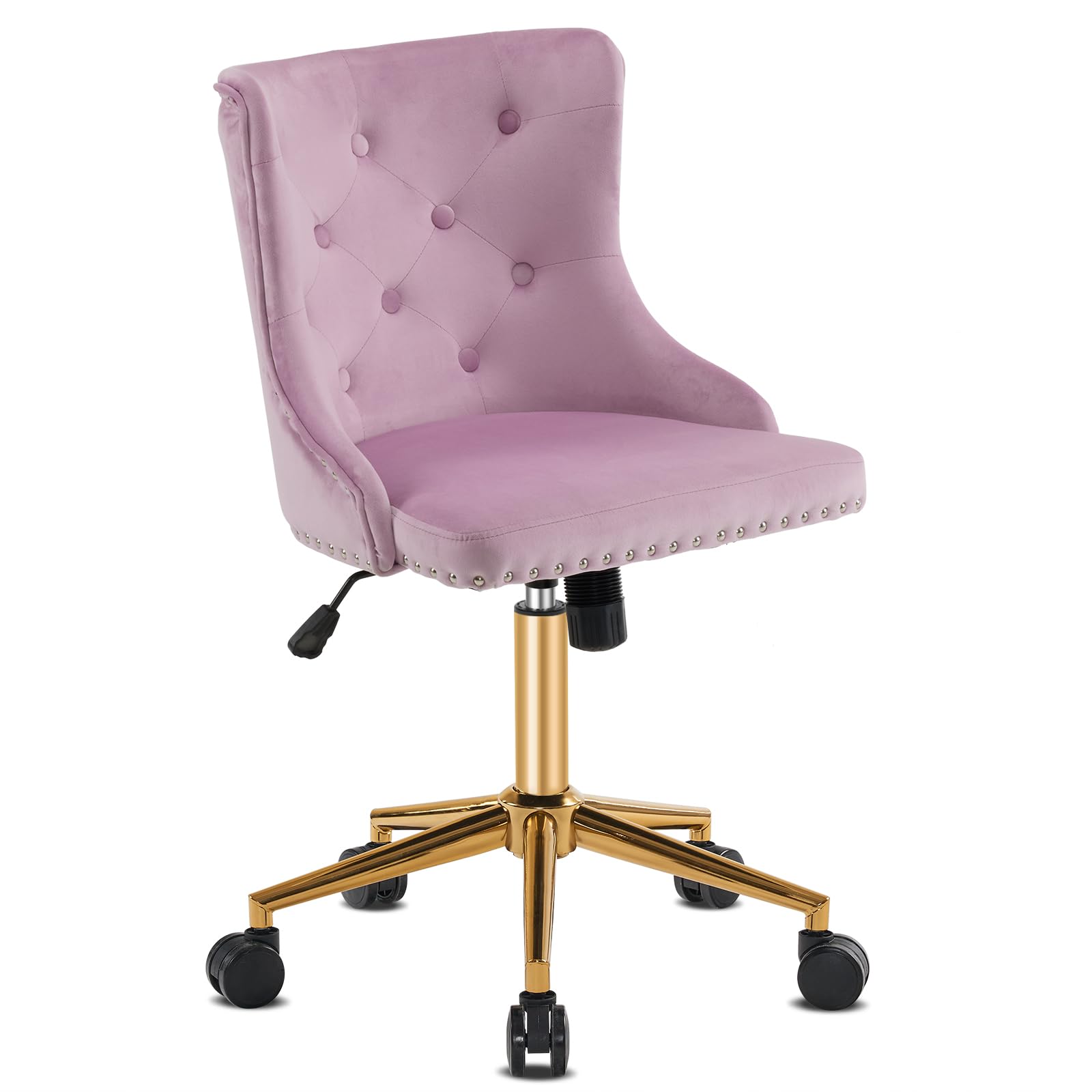 VINGLI Mauve Purple Armless Home Office Desk Chair with Gold Base/Wheels, Small Cute Vanity/Makeup Chair with Back for Bedroom, Upholstered Adjustable Rolling Swivel Nail Chair for Women/Girls