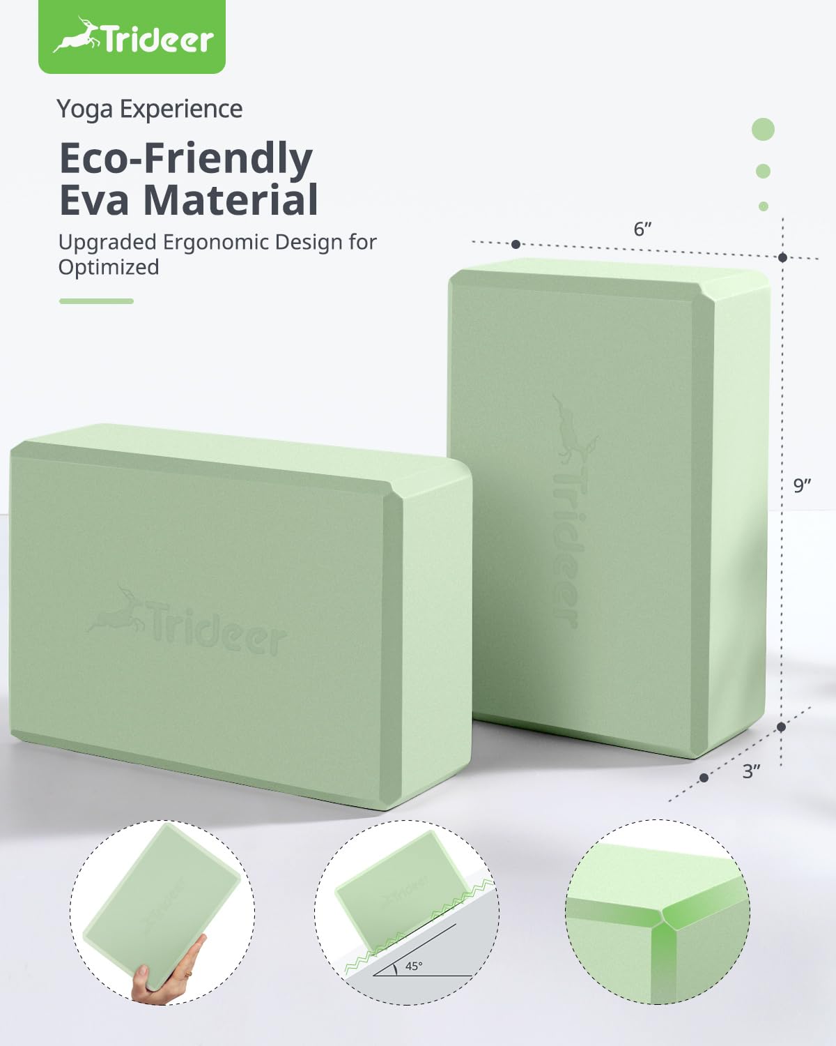 Trideer Yoga Block, Soft Non-Slip Surface Premium Foam Blocks, Supportive, Lightweight, Odor Resistant, Yoga Accessories for Pilates Meditation General Fitness Stretching Toning (Light Green-2 Pack)