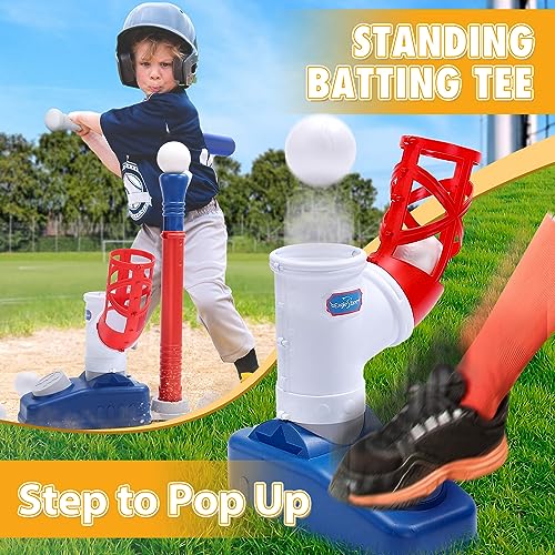 EagleStone 2 in 1 T Ball Set for Kids 3-5, Tee Ball Set for Toddlers with Step on Pitching Machine, Adjustable Batting Tee, Tball Bat and 6 Balls, Outdoor Baseball Christmas Toy Gift for Boys & Girls