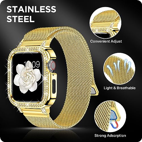 XYF Bling Bands Compatible for Apple Watch Band 40mm for Women with Bumper, Stainless Steel Mesh Magnetic Luxury Diamond Jewelry Milanese Strap Dressy iWatch Loop Series 6 / SE 5 4 (40mm, Black)