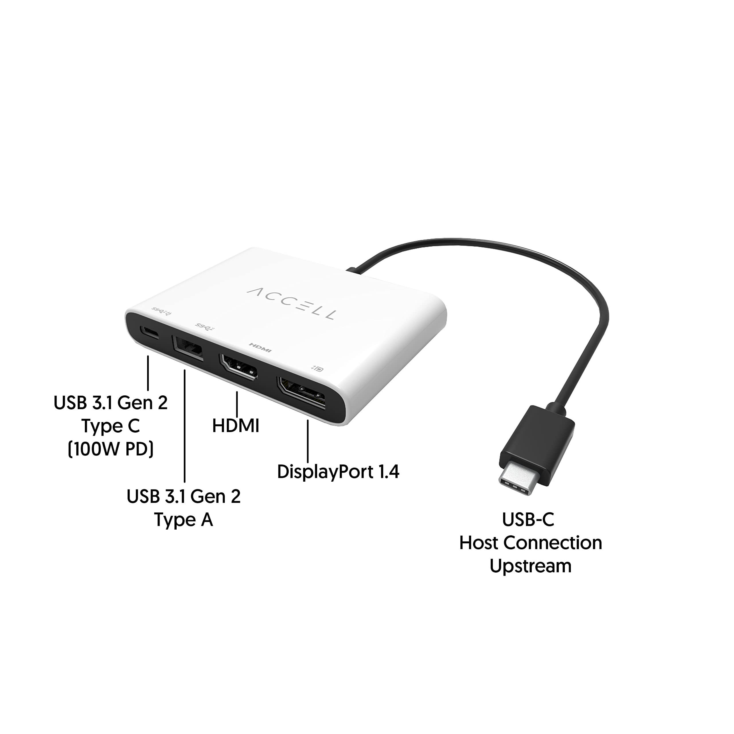 Accell USB-C Mobile Multiport Adapter - DisplayPort 1.4, HDMI 8K, USB 3.1 Gen 2, 90W Power Delivery - U241B-001F, White