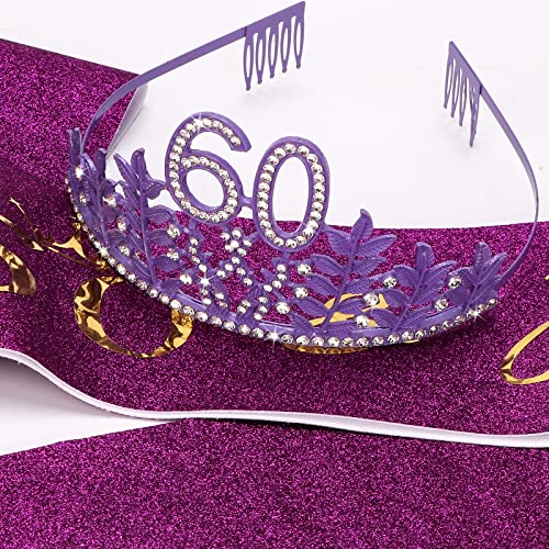 CIEHER 60th Birthday Sash and Tiara Set - Purple Decorations, Women's Crown, and '60 and Fabulous' Sash Gift