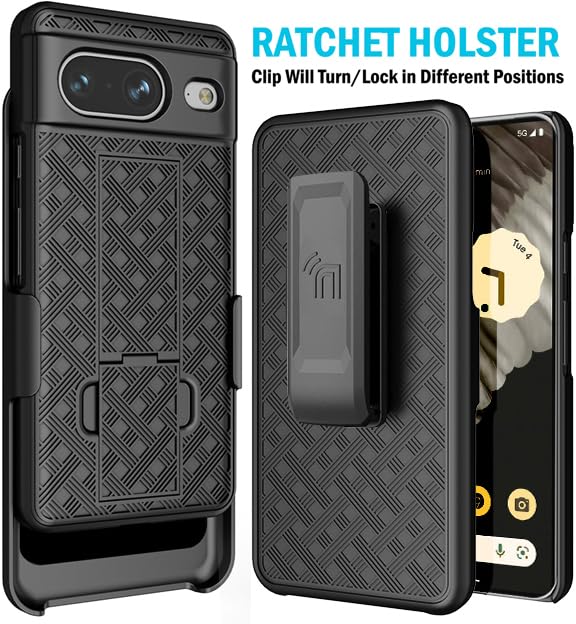 Case with Clip for Google Pixel 8, Nakedcellphone [Grid Texture] Slim Hard Shell Cover with Stand and [Rotating/Ratchet] Belt Hip Holster Holder Combo - Matte Black