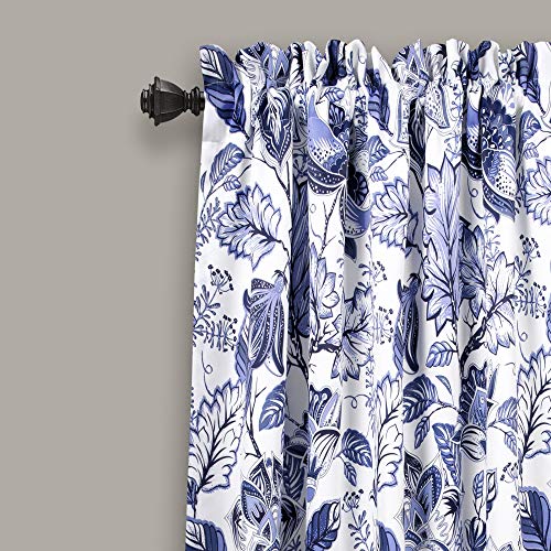 Lush Decor, Blue Cynthia Jacobean Darkening Window Curtains Set for Living, Dining Room, Bedroom, 63" L Panel Pair