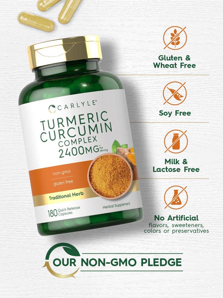 Carlyle Turmeric Curcumin Supplement 2400mg | 180 Powder Capsules | Herbal Complex | Non-GMO, Gluten Free Formula