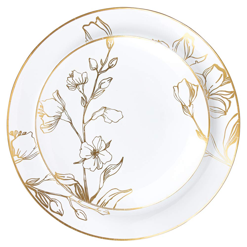 Blue Sky Elegant & Antique Gold Floral Combo Plates (10" & 7" - 32 Pcs) - Vintage Design Party Plates, Perfect for Weddings and Special Occasions