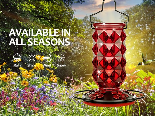 Glass Hummingbird Feeders for Outdoors, 25 Ounces Wild Bird Nectar Feeder with Perch & 5 Flower Feeding Ports Leak Proof Hanging for Garden Backyard Decor, Gifts for Women Mom, Red