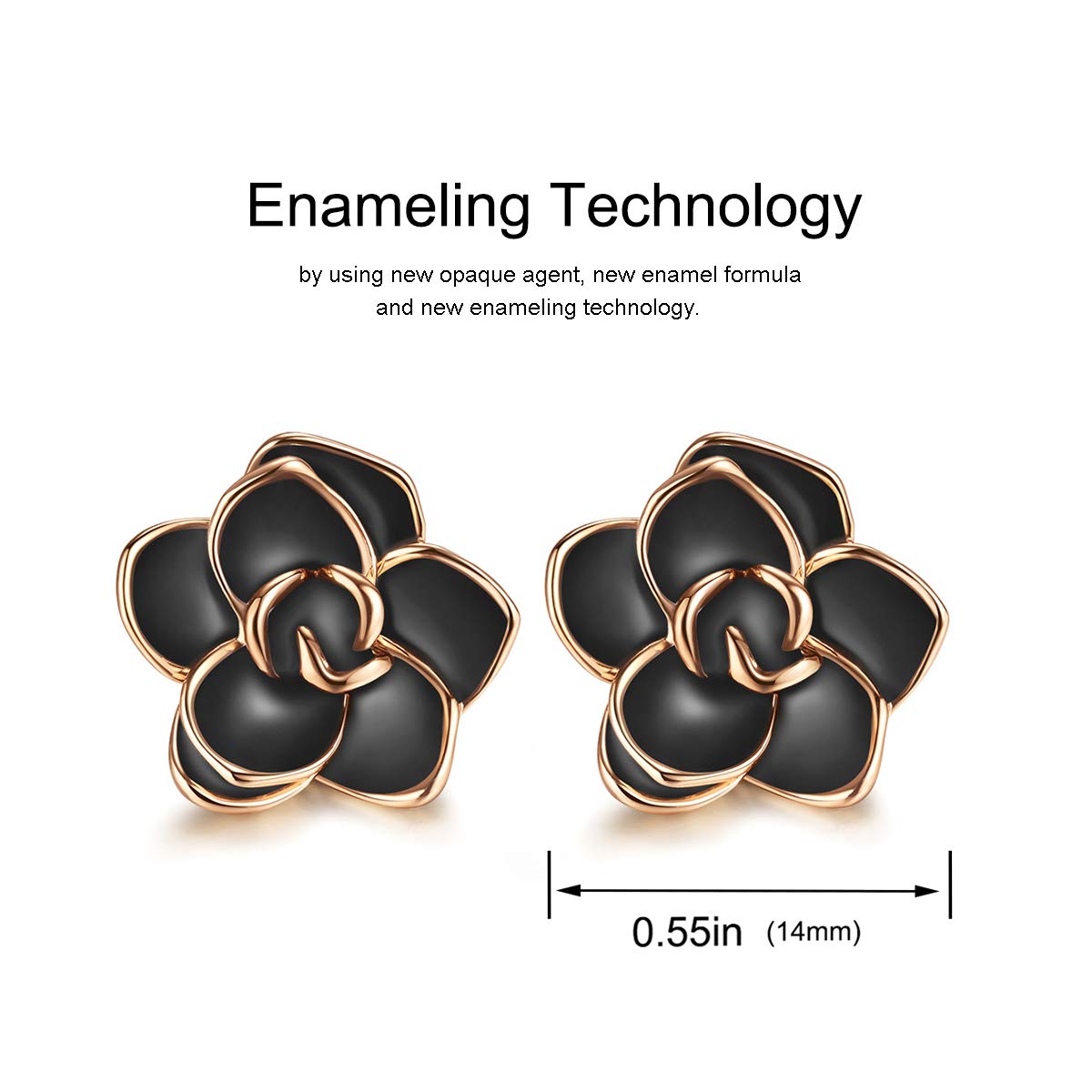 Flower Stud Earrings Hypoallergenic for Women - 18K Gold Plated Rose Earrings for Sensitive Ears, Nickel Free (Large Black)