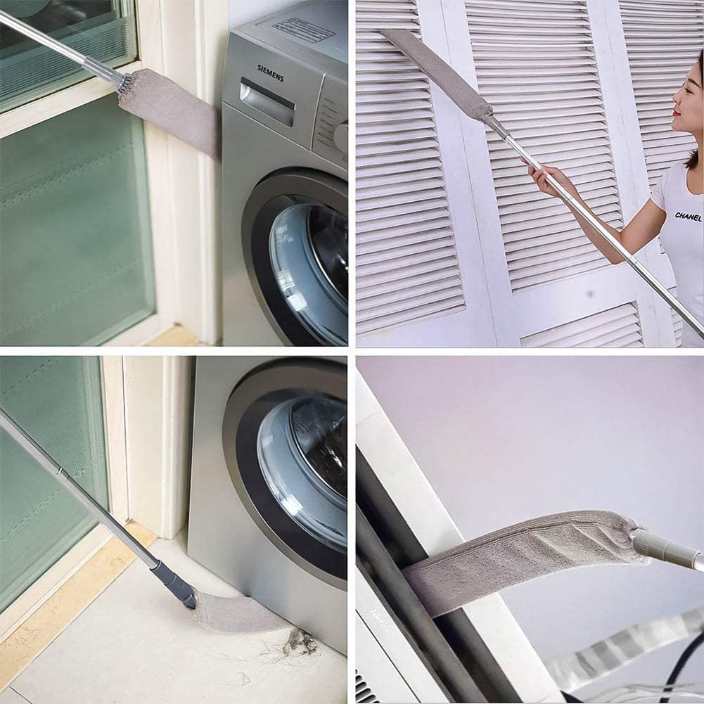 MUOOU Under Appliance Microfiber Duster with Extendable Pole, 100" Telescoping Gap Dust Brush, Long Flat Flexible Duster - 4 Cloth Cover