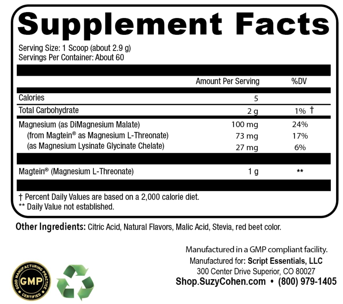 Suzy Cohen MagFocus Magnesium L-Threonate Powder with Magtein (Mixed Berry) Plus Magnesium Glycinate for Wellness, Focus, and Cognition - Gluten-Free, Non-GMO, Vegetarian (60 Servings)