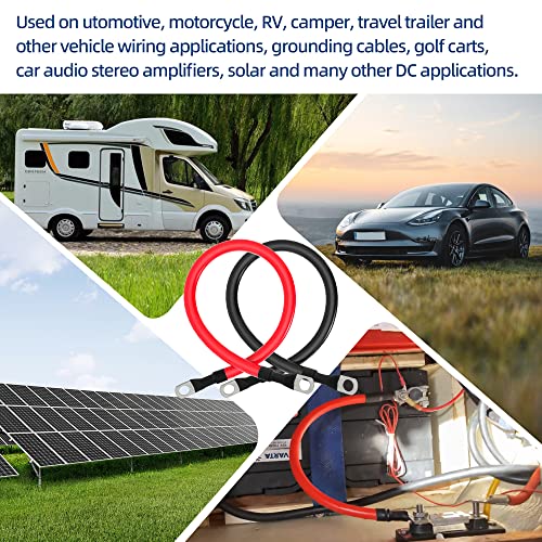 4 AWG Battery Cable 4AWG Gauge Pure Copper Battery Inverter Cables with 3/8 in Lugs Both Ends Power Inverter Wire Set for Automotive Solar Marine Boat RV Car Motorcycle Red and Black (1ft)