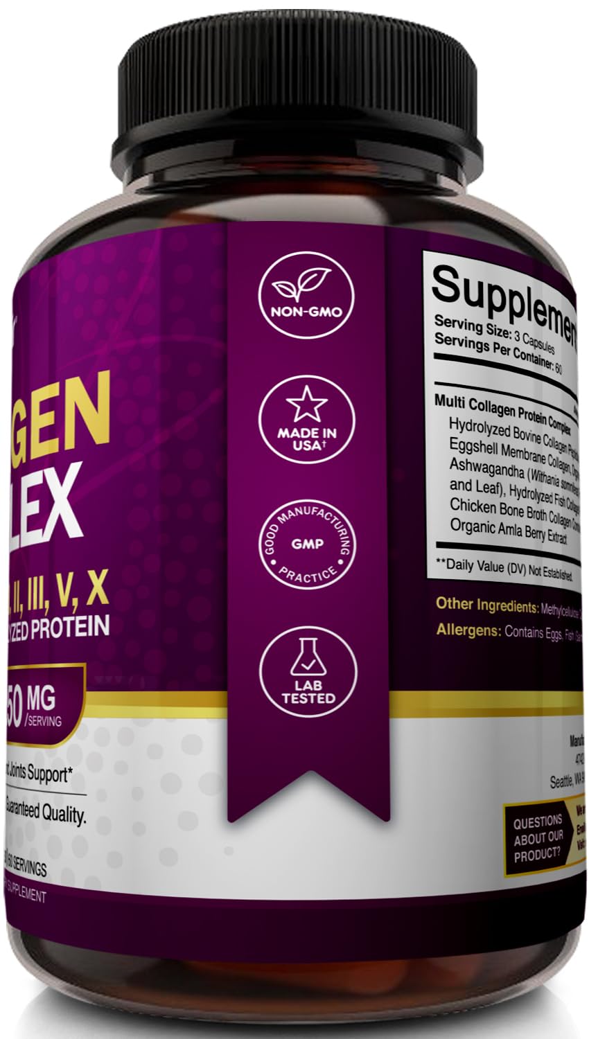 NutriFlair Multi Collagen Peptides 2250mg - Type I, II, III, V, X - Collagen Supplements Complex Powder Pills for Women and Men - Hydrolyzed Protein, Healthy Hair, Skin, Nails - Non-GMO (180 Capsules)