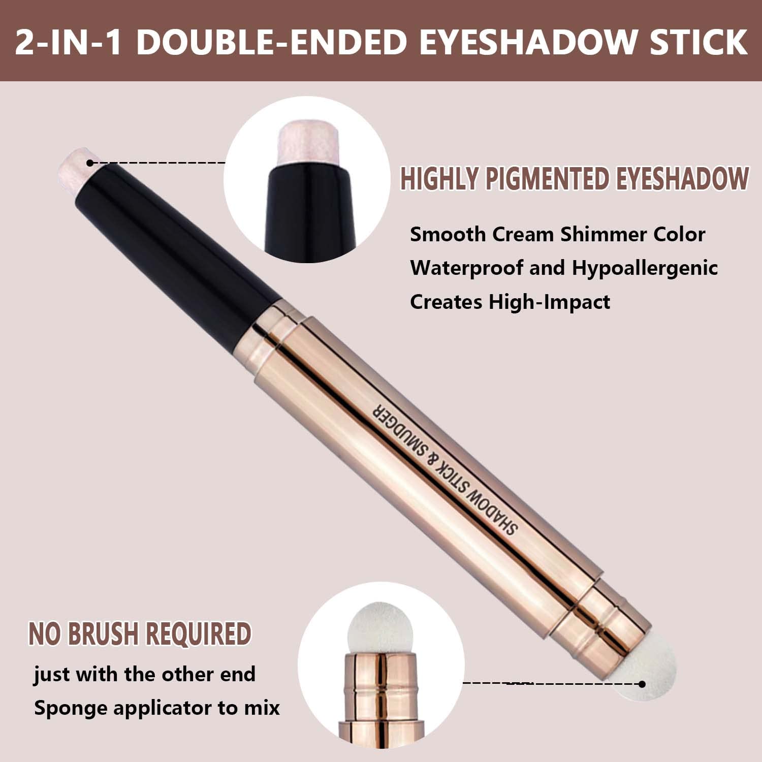 2 in 1 eyeshadow stick and Sponge Makeup Brush, Smooth Cream Shimmer Shadow Pencil Long Lasting Waterproof Eye Shadow Highlighter Stick Makeup , Hypoallergenic Highlighter Multi-Dimensional eyes Look