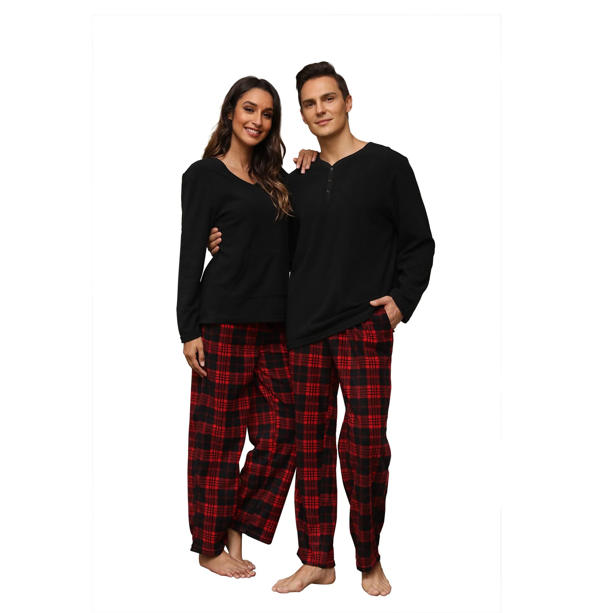 U2SKIIN Couple Pajama Sets, Plaid Pajama Set for Men and Women Soft Warm Pjs Set Black/Red-Black Plaid Womens Medium