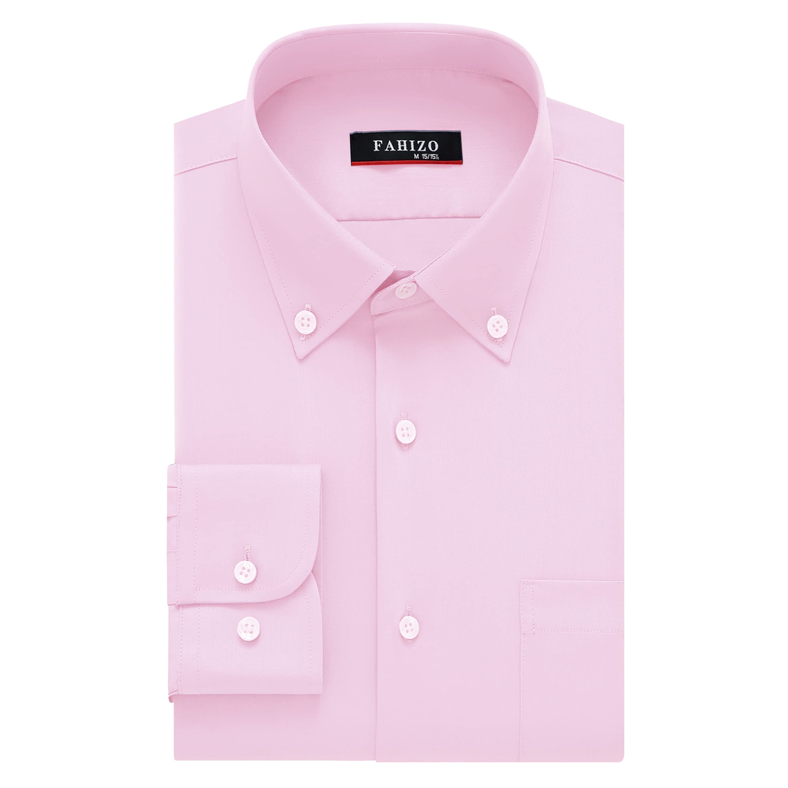 FAHIZO Men's Dress Shirt Regular Fit Soild Casual Business Formal Long Sleeve Button Down Shirts with Pocket, Pink-XL