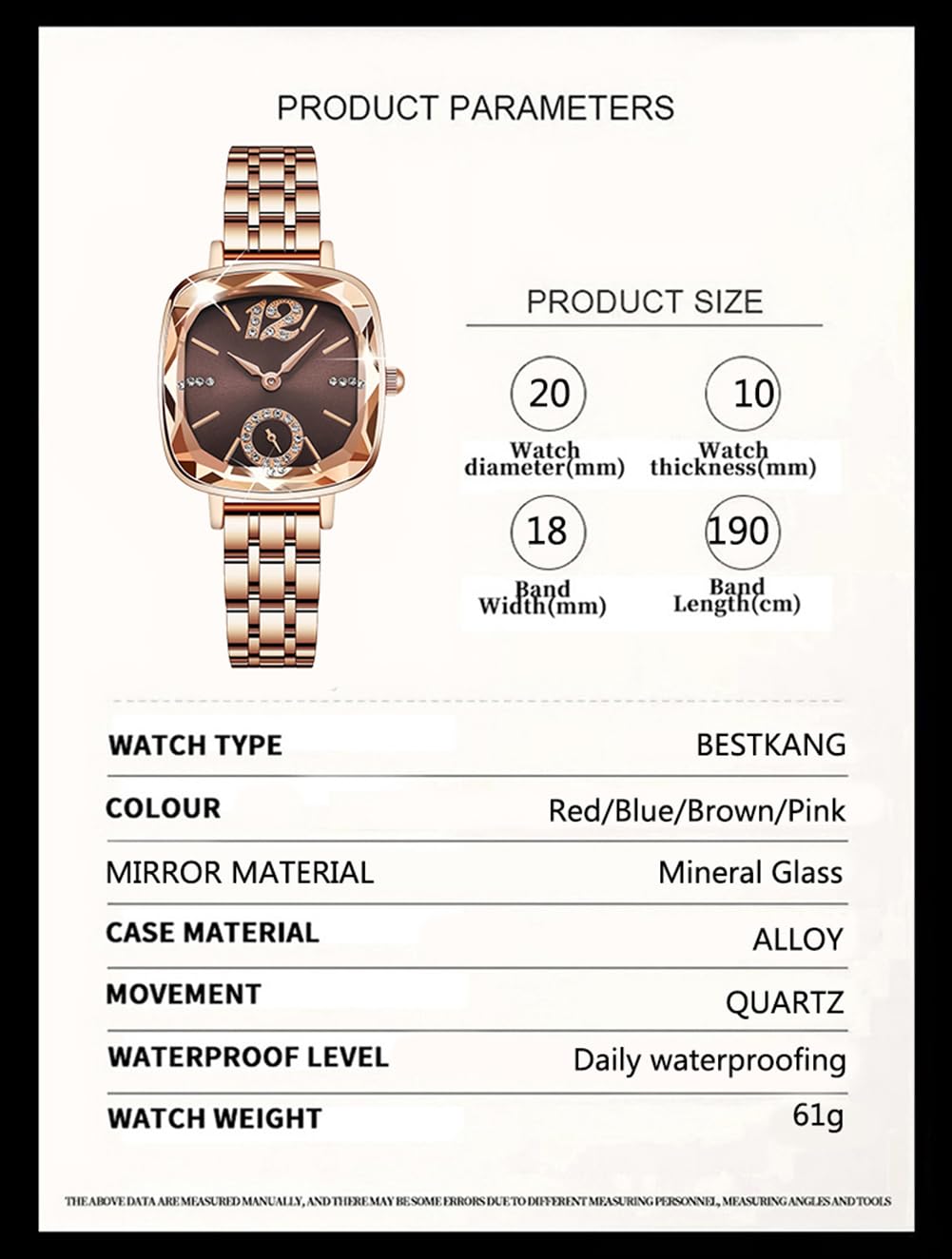 BESTKANG Women's Watch Square Diamond Dress Fashion Steel Belt Waterproof Quartz Wrist Watches for Women (Rose Gold Brown)